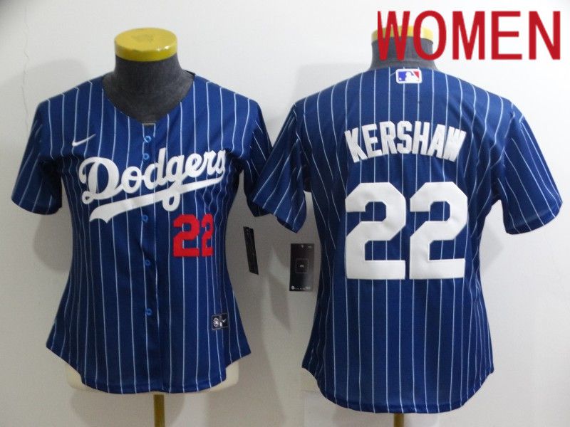 Women Los Angeles Dodgers #22 Kershaw Blue Stripe Throwback Nike 2022 MLB Jerseys